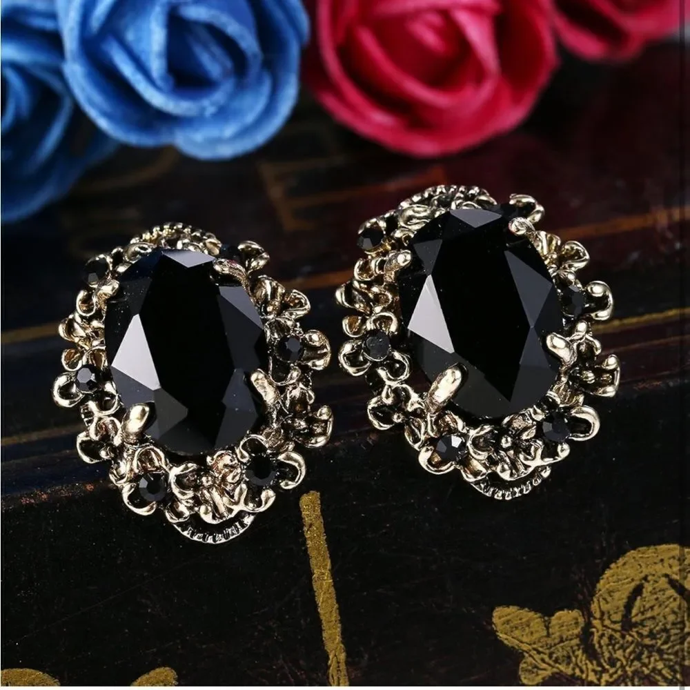 Antique Yellow Gold with Black Onyx Austrian Crystal Cameo Post Stud Earrings